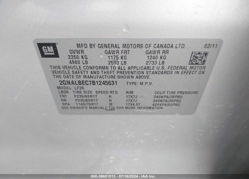2011 CHEVROLET EQUINOX LS VIN: 2GNALBEC7B1245631