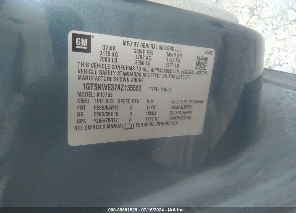 2010 GMC SIERRA 1500 SLT VIN: 1GTSKWE37AZ135563