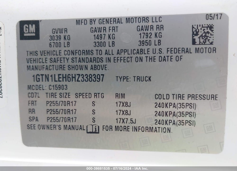 2017 GMC SIERRA 1500 VIN: 1GTN1LEH6HZ338397