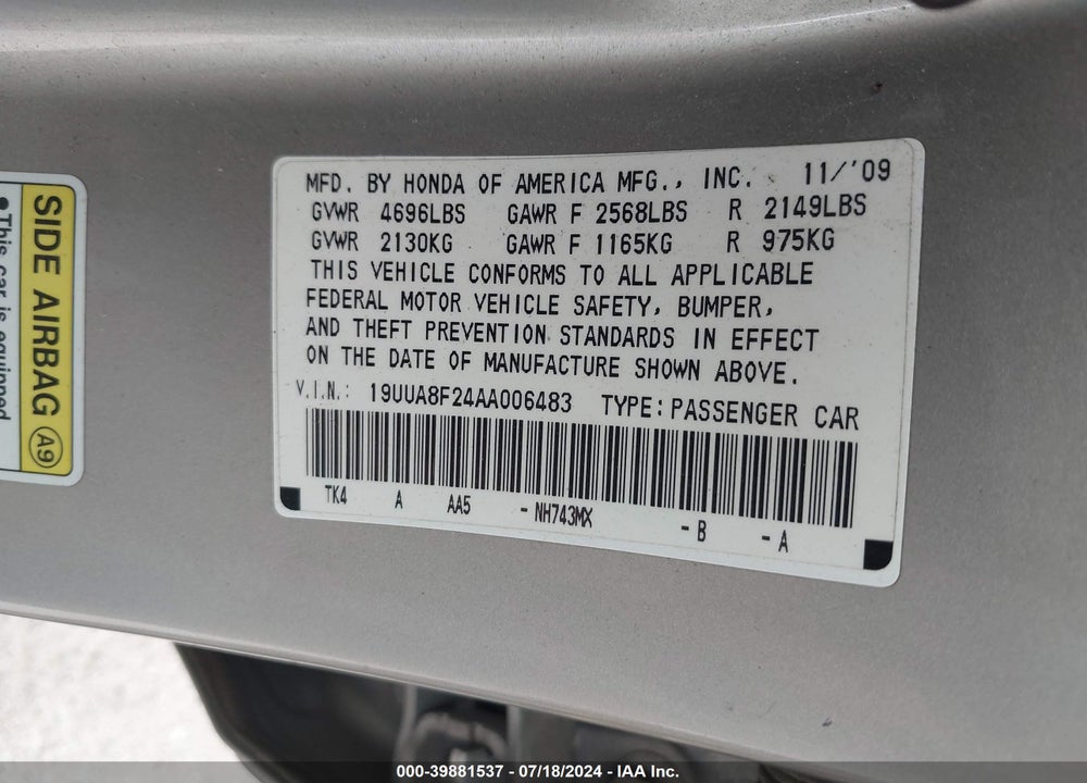 2010 ACURA TL 3.5 VIN: 19UUA8F24AA006483