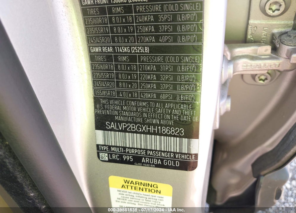 2017 LAND ROVER RANGE ROVER EVOQUE SE/SE PREMIUM VIN: SALVP2BGXHH186823