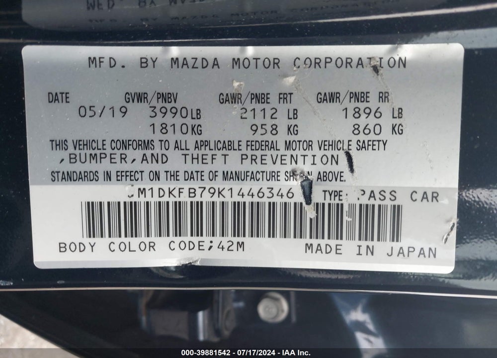 2019 MAZDA CX-3 SPORT VIN: JM1DKFB79K1446346