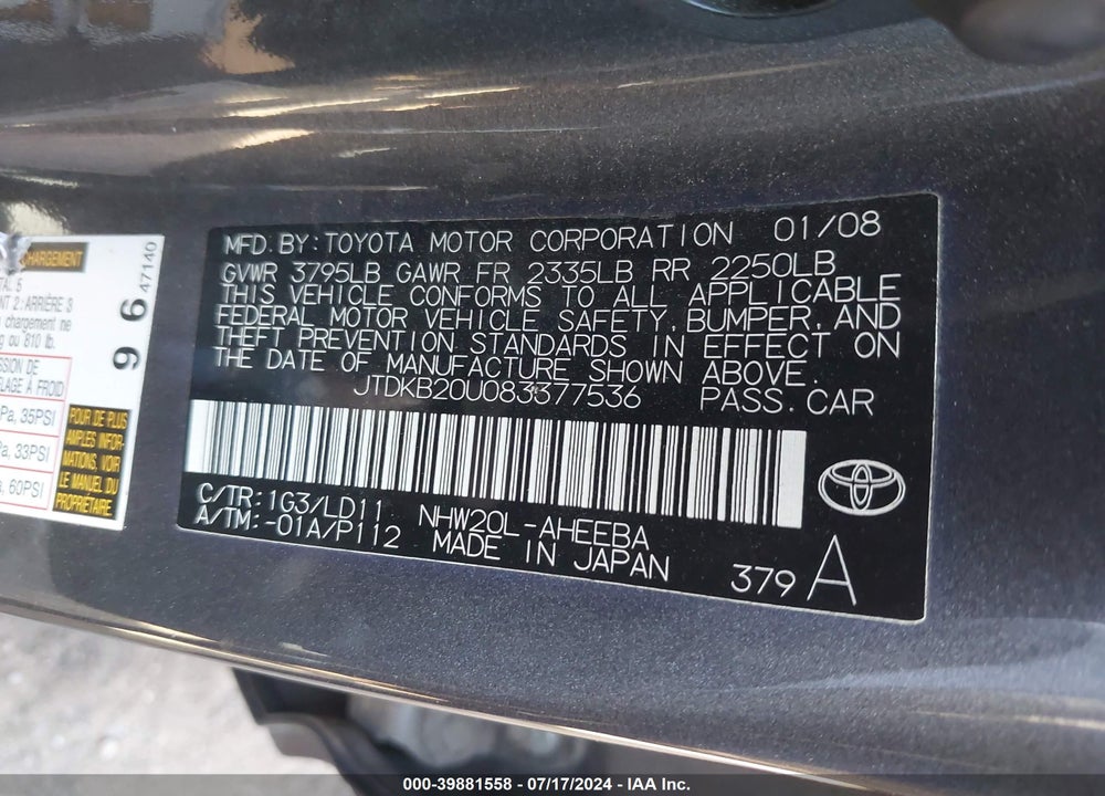 2008 TOYOTA PRIUS TOURING VIN: JTDKB20U083377536
