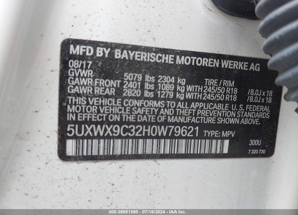 2017 BMW X3 XDRIVE28I VIN: 5UXWX9C32H0W79621