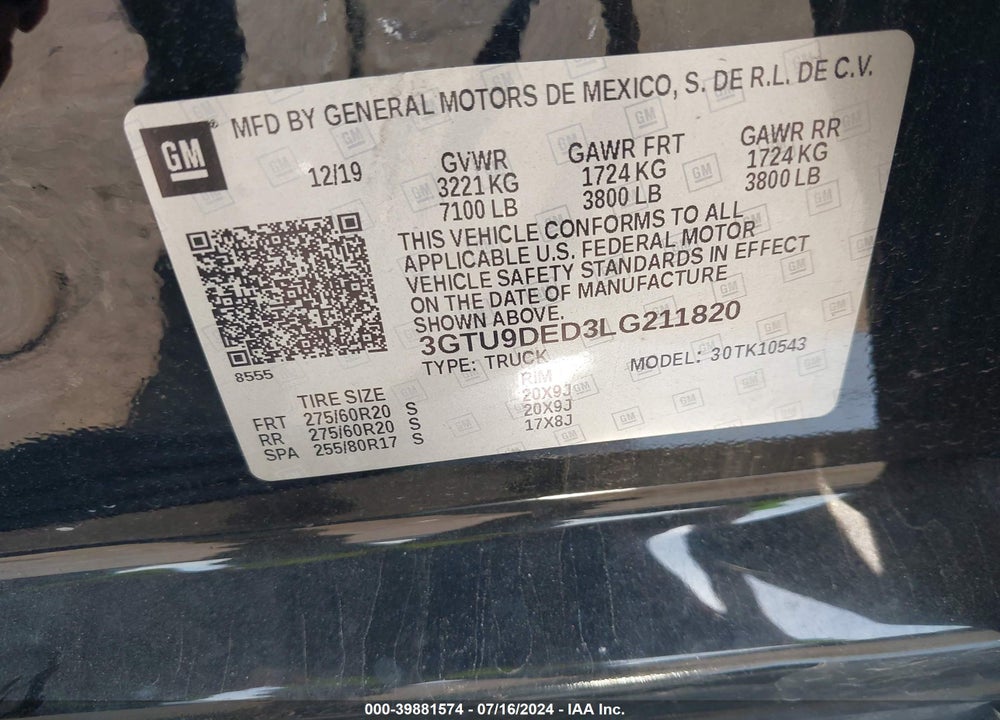 2020 GMC SIERRA 1500 4WD SHORT BOX SLT VIN: 3GTU9DED3LG211820