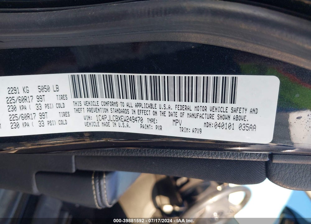 2014 JEEP CHEROKEE LATITUDE VIN: 1C4PJLCBXEW249470
