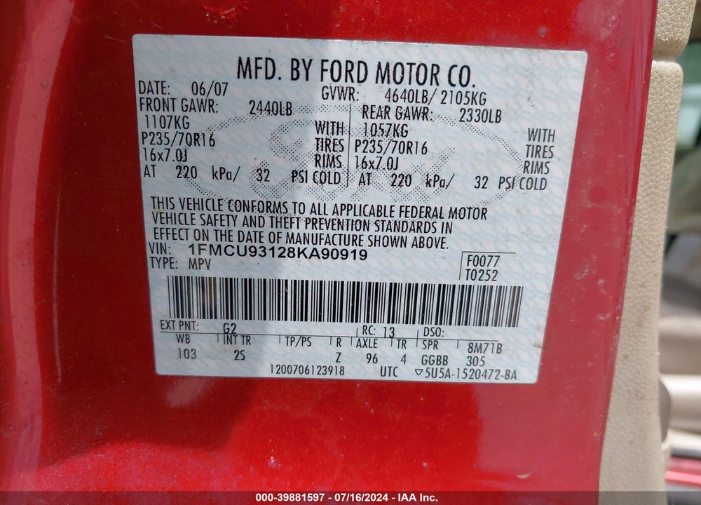 2008 FORD ESCAPE XLT VIN: 1FMCU93128KA90919