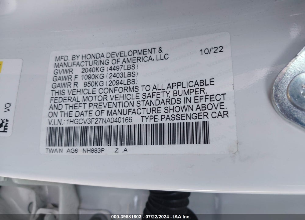 2022 HONDA ACCORD HYBRID SPORT VIN: 1HGCV3F27NA040166