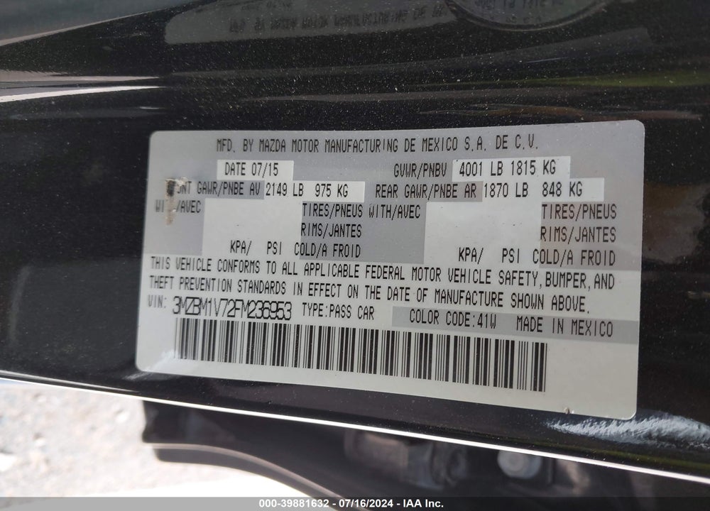 2015 MAZDA 3 I TOURING VIN: 3MZBM1V72FM236953