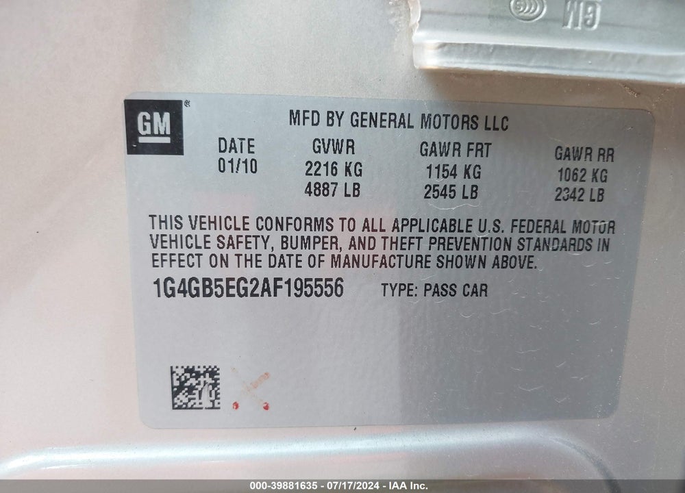 2010 BUICK LACROSSE CX VIN: 1G4GB5EG2AF195556