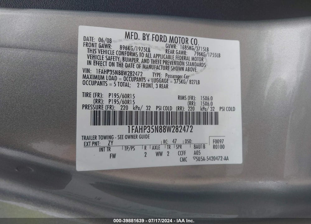 2008 FORD FOCUS VIN: 1FAHP35N88W282472
