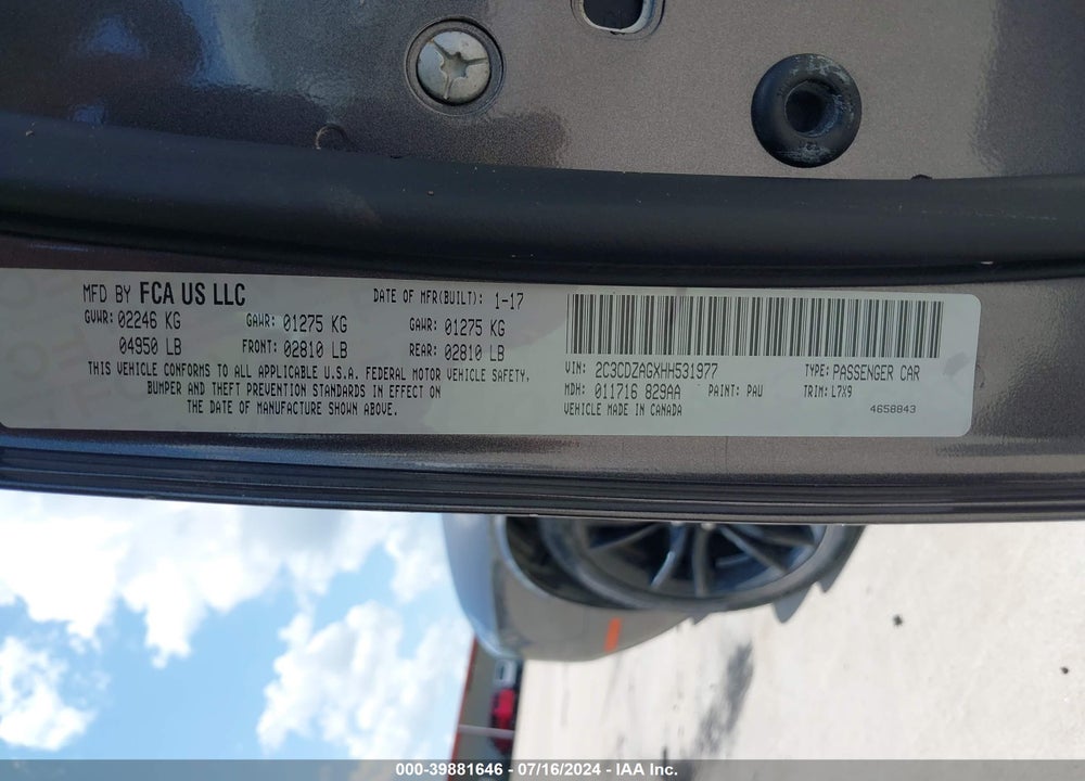 2017 DODGE CHALLENGER SXT VIN: 2C3CDZAGXHH531977