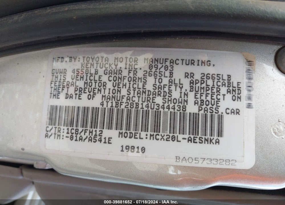 2004 TOYOTA AVALON XL VIN: 4T1BF28B14U344438