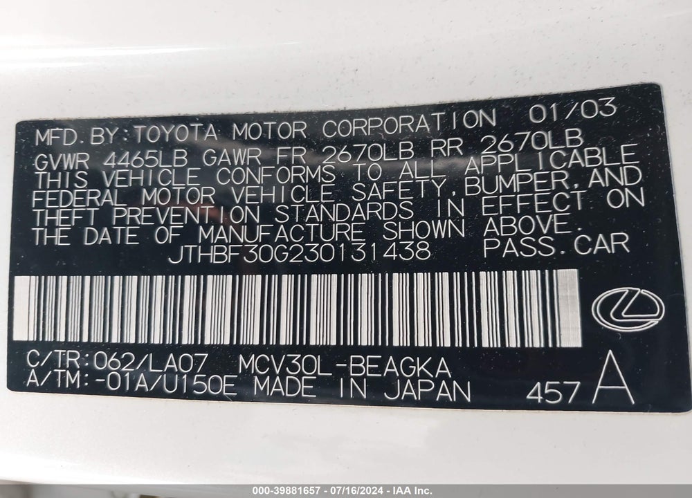2003 LEXUS ES 300 VIN: JTHBF30G230131438