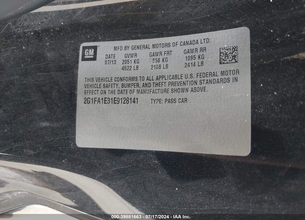 2014 CHEVROLET CAMARO 2LS VIN: 2G1FA1E31E9128141