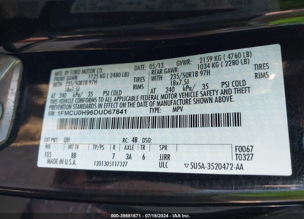 2013 FORD ESCAPE SEL VIN: 1FMCU0H96DUD67841