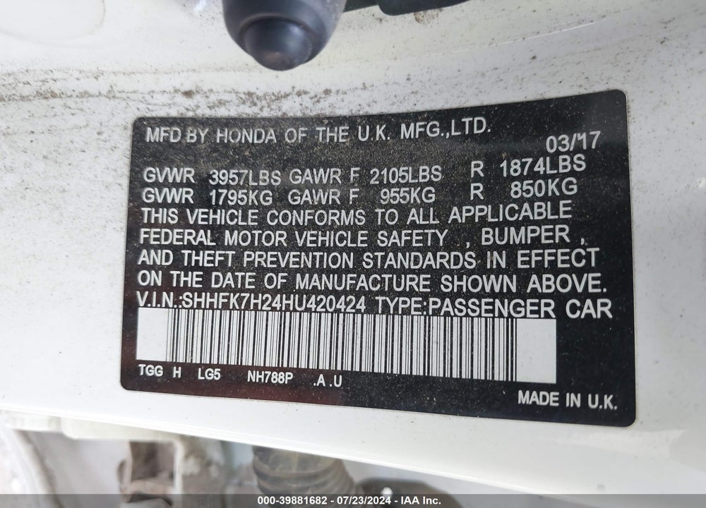 2017 HONDA CIVIC LX VIN: SHHFK7H24HU420424