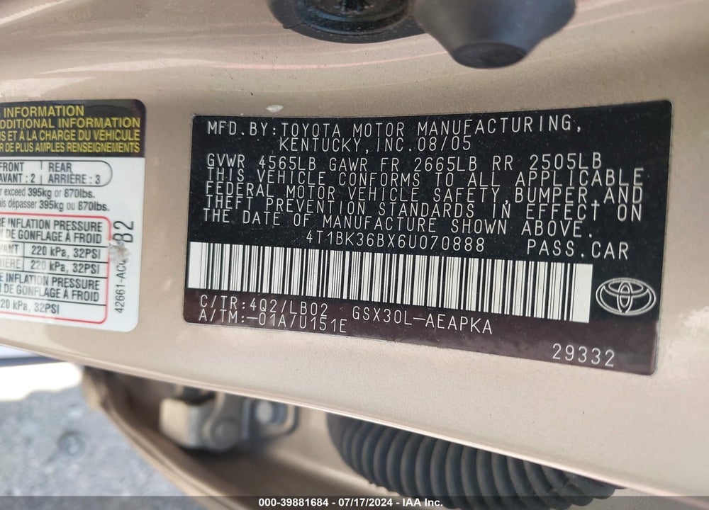 2006 TOYOTA AVALON LIMITED VIN: 4T1BK36BX6U070888