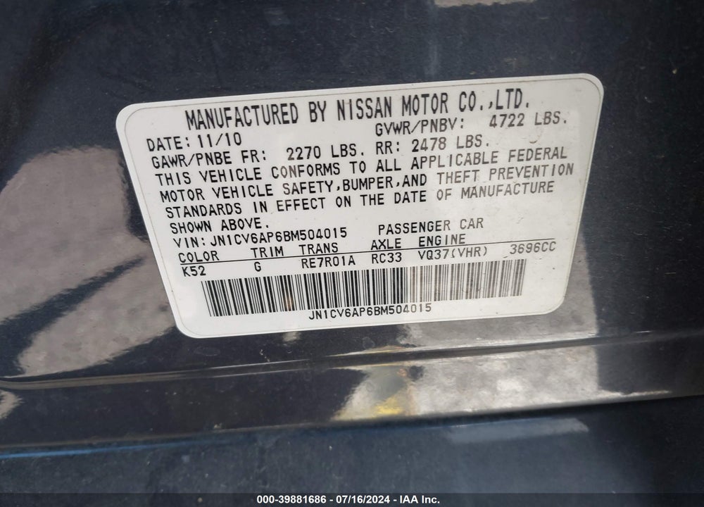 2011 INFINITI G37 JOURNEY VIN: JN1CV6AP6BM504015