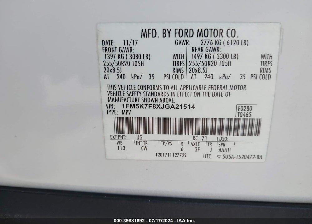 2018 FORD EXPLORER LIMITED VIN: 1FM5K7F8XJGA21514
