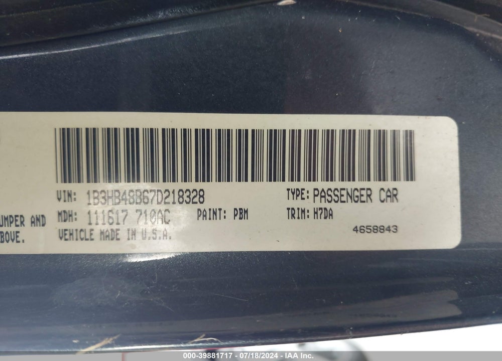 2007 DODGE CALIBER SXT VIN: 1B3HB48B67D218328