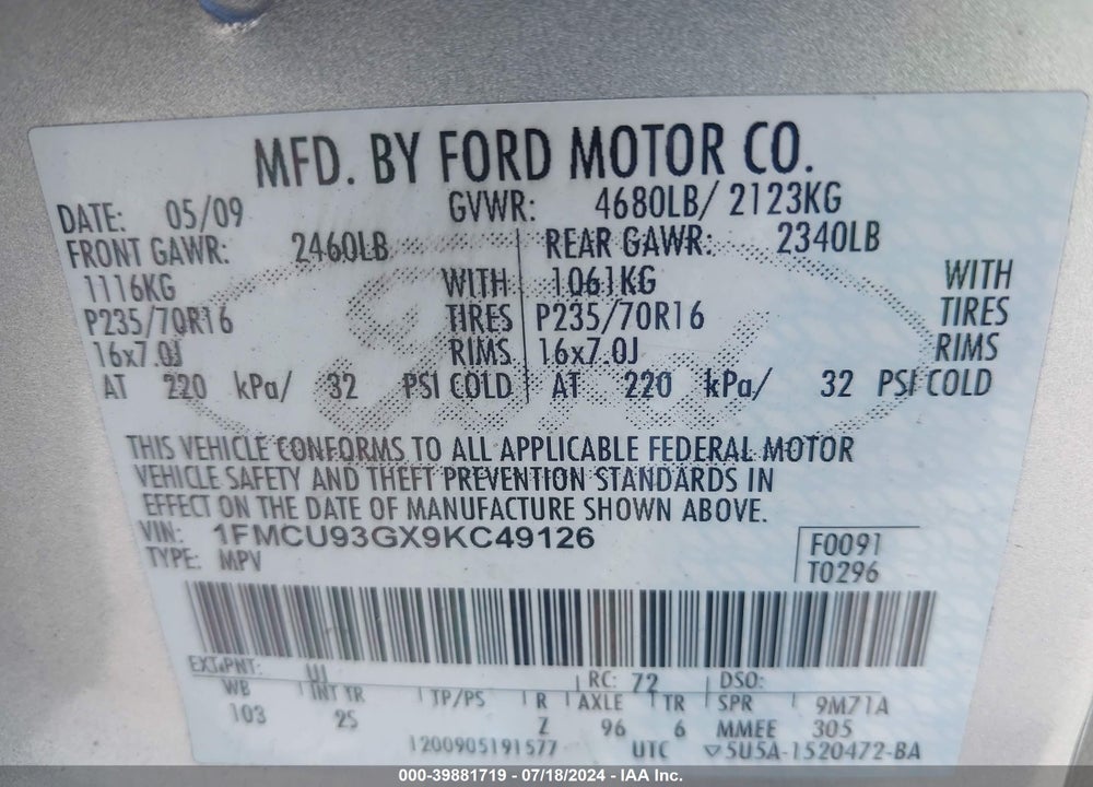 2009 FORD ESCAPE XLT VIN: 1FMCU93GX9KC49126