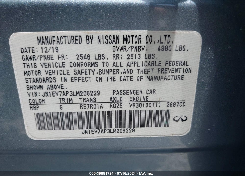 2020 INFINITI Q50 LUXE VIN: JN1EV7AP3LM206229
