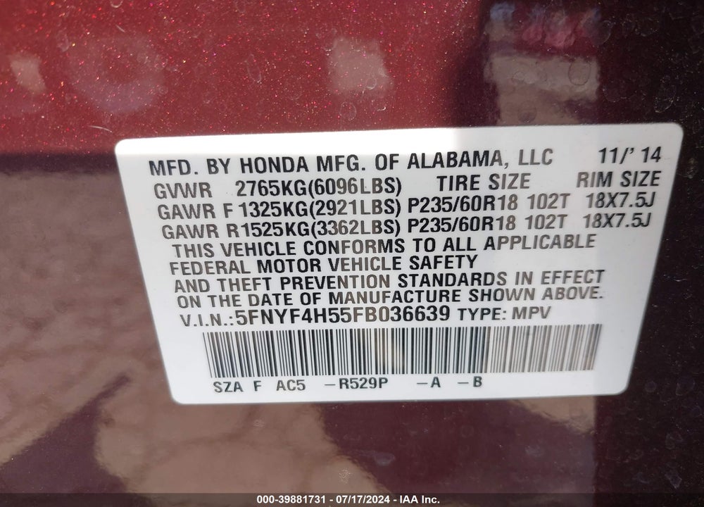 2015 HONDA PILOT EX-L VIN: 5FNYF4H55FB036639