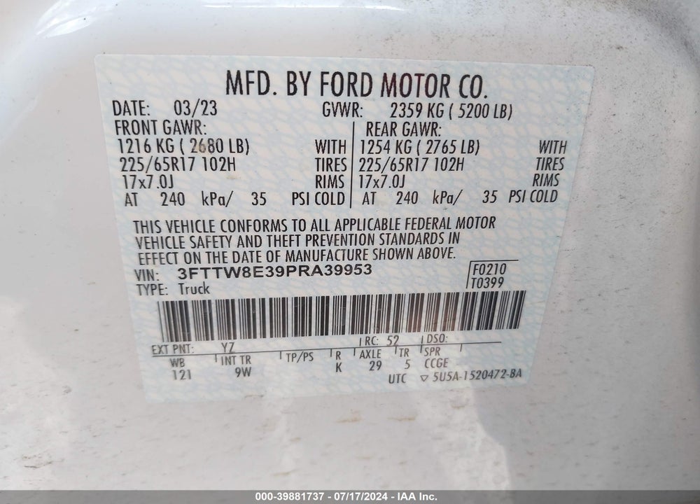 2023 FORD MAVERICK XL VIN: 3FTTW8E39PRA39953
