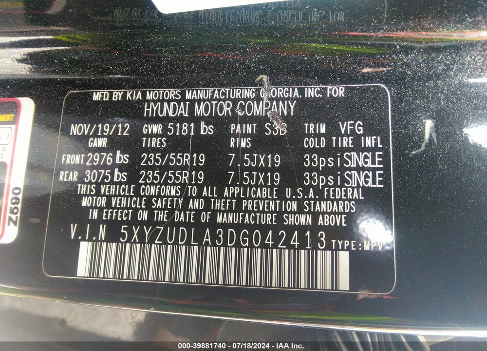 2013 HYUNDAI SANTA FE SPORT 2.0T VIN: 5XYZUDLA3DG042413
