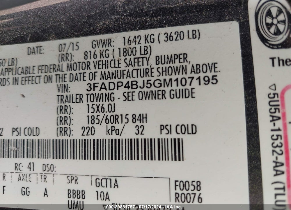 2016 FORD FIESTA SE VIN: 3FADP4BJ5GM107195