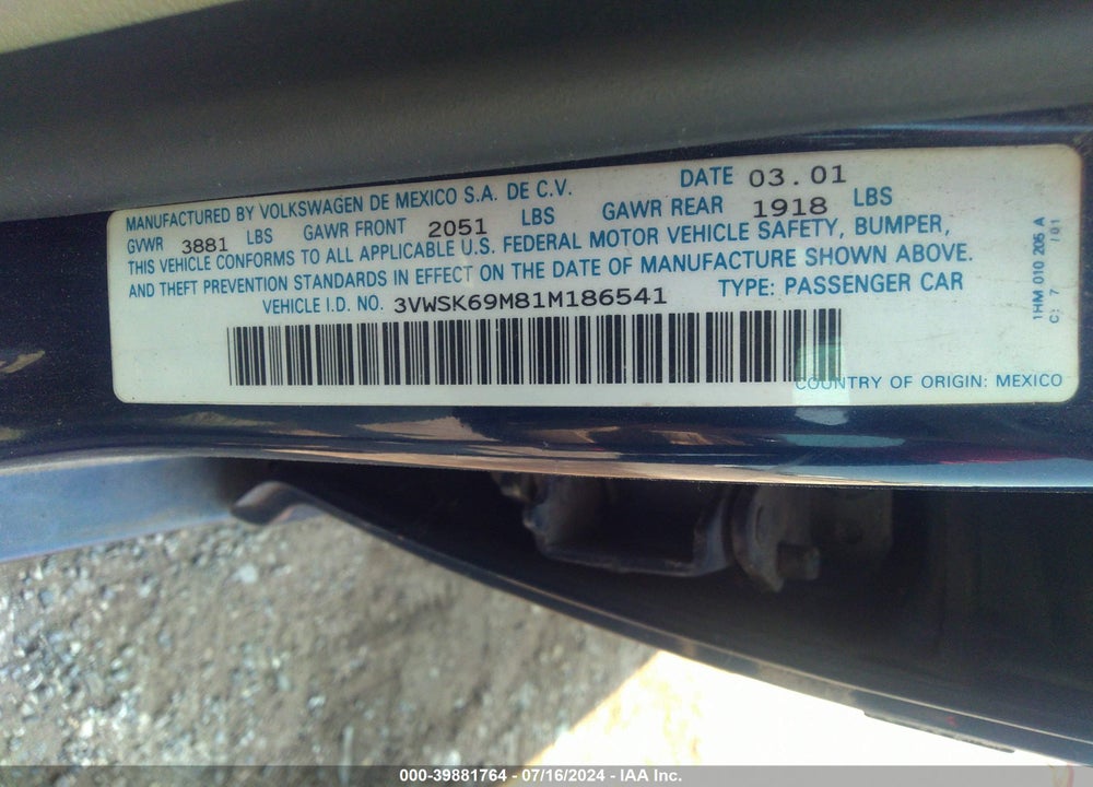 2001 VOLKSWAGEN JETTA GLS VIN: 3VWSK69M81M186541