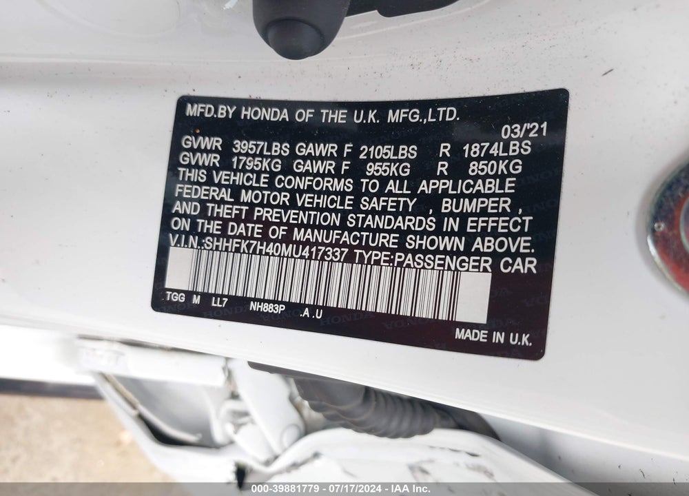 2021 HONDA CIVIC VIN: SHHFK7H40MU417337