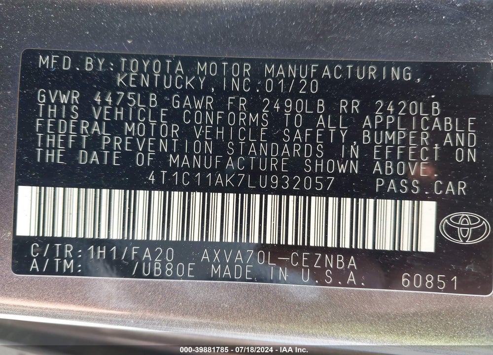 2020 TOYOTA CAMRY LE VIN: 4T1C11AK7LU932057