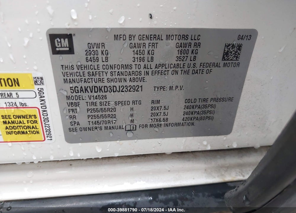 2013 BUICK ENCLAVE PREMIUM VIN: 5GAKVDKD3DJ232921