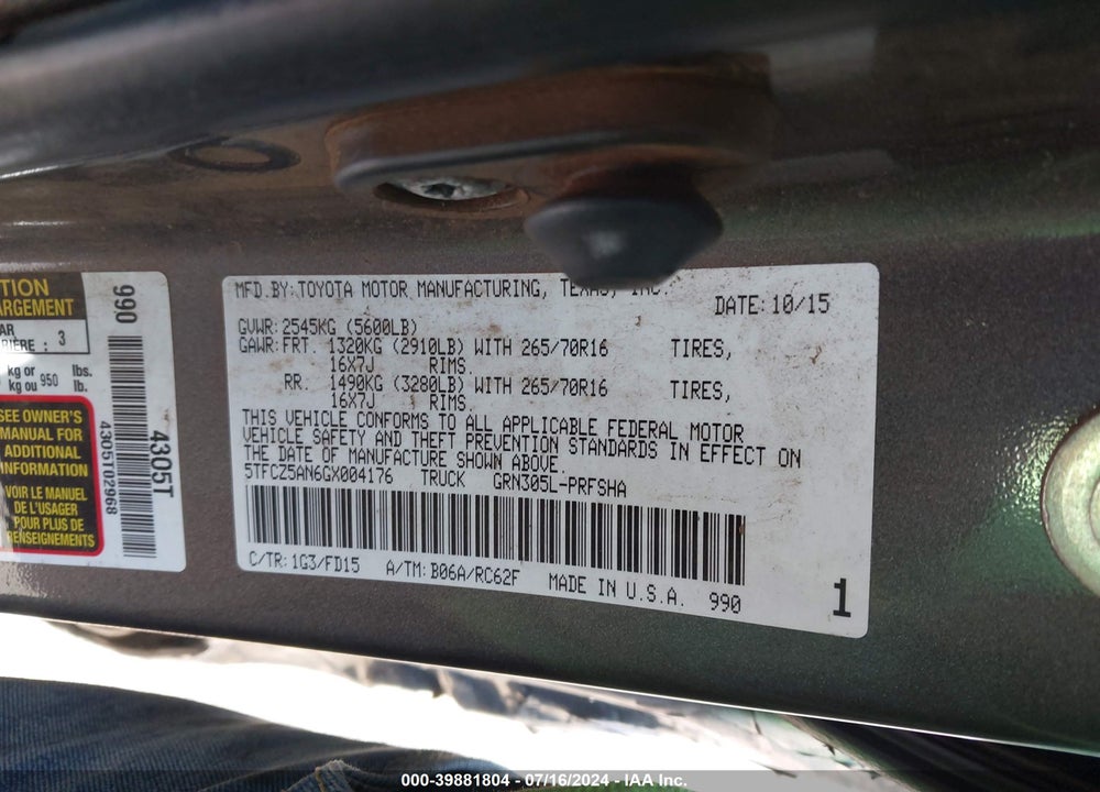 2016 TOYOTA TACOMA SR V6 VIN: 5TFCZ5AN6GX004176