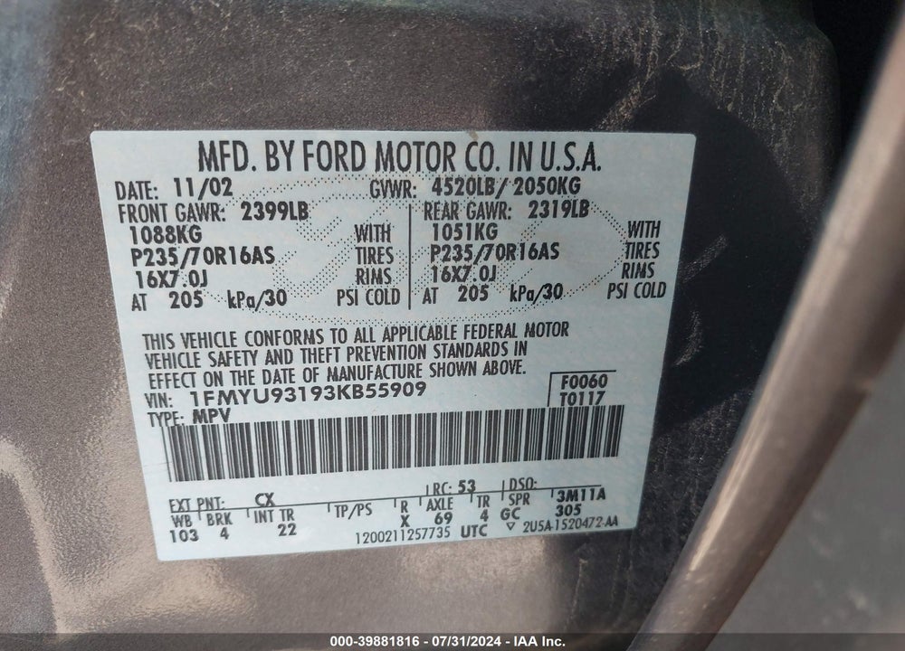 2003 FORD ESCAPE XLT VIN: 1FMYU93193KB55909