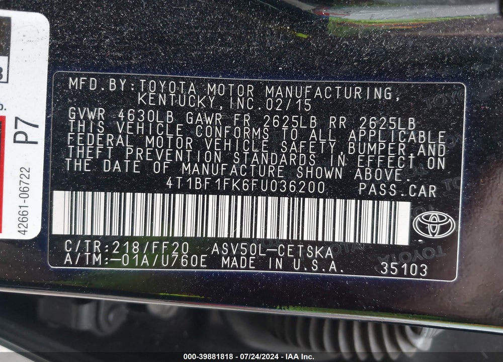 2015 TOYOTA CAMRY SE VIN: 4T1BF1FK6FU036200