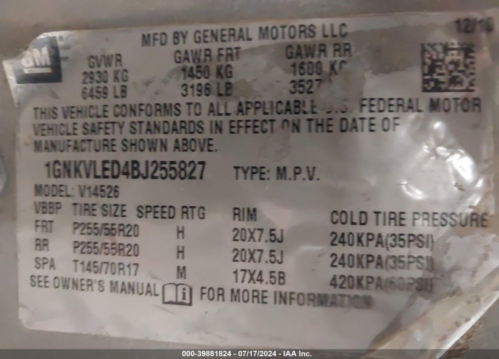 2011 CHEVROLET TRAVERSE LTZ VIN: 1GNKVLED4BJ255827