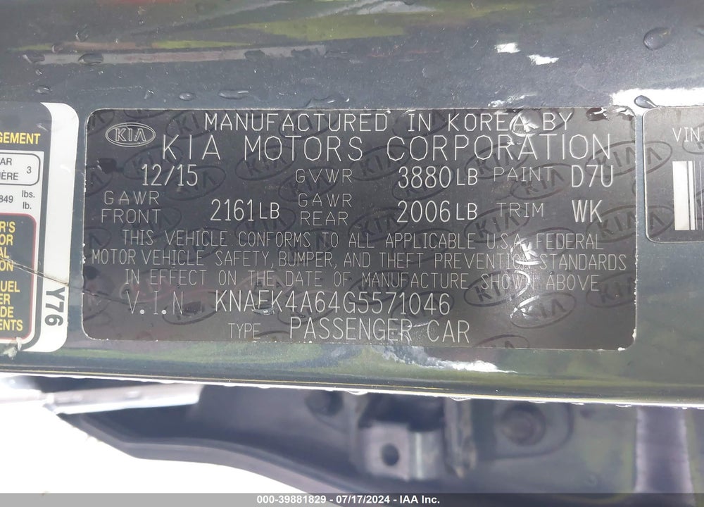 2016 KIA FORTE LX VIN: KNAFK4A64G5571046