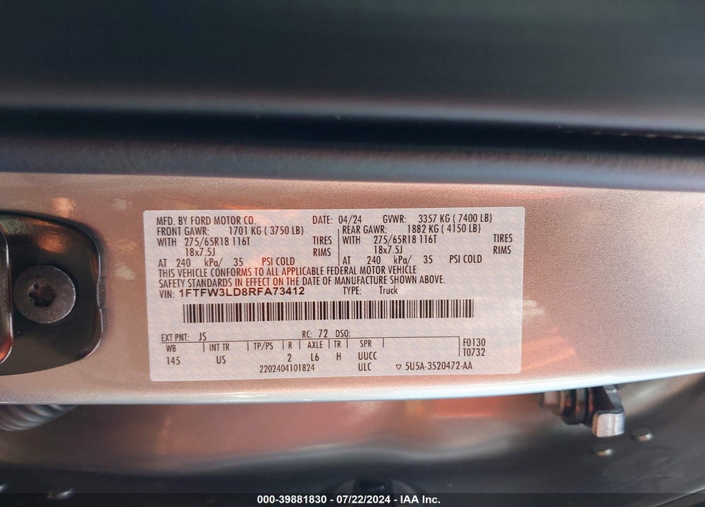 2024 FORD F-150 XLT VIN: 1FTFW3LD8RFA73412