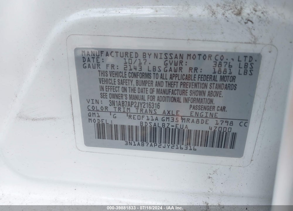 2018 NISSAN SENTRA S VIN: 3N1AB7AP2JY216316