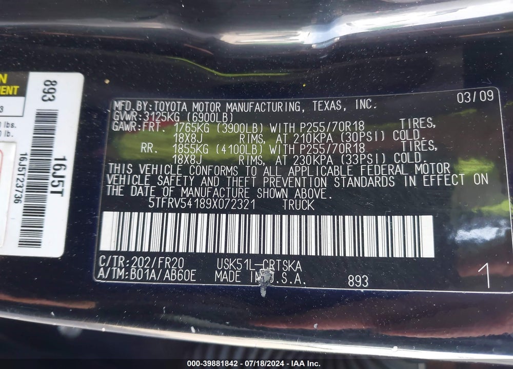 2009 TOYOTA TUNDRA GRADE 5.7L V8 VIN: 5TFRV54189X072321
