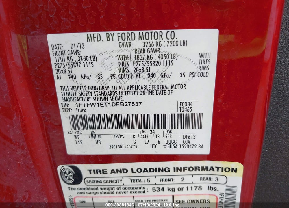 2013 FORD F-150 FX4/KING RANCH/LARIAT/LIMITED/PLATINUM/XL/XLT VIN: 1FTFW1ET1DFB27537