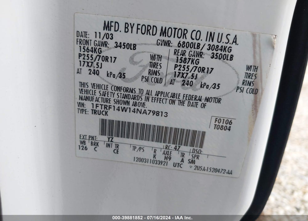 2004 FORD F-150 STX/XL/XLT VIN: 1FTRF14W14NA79813