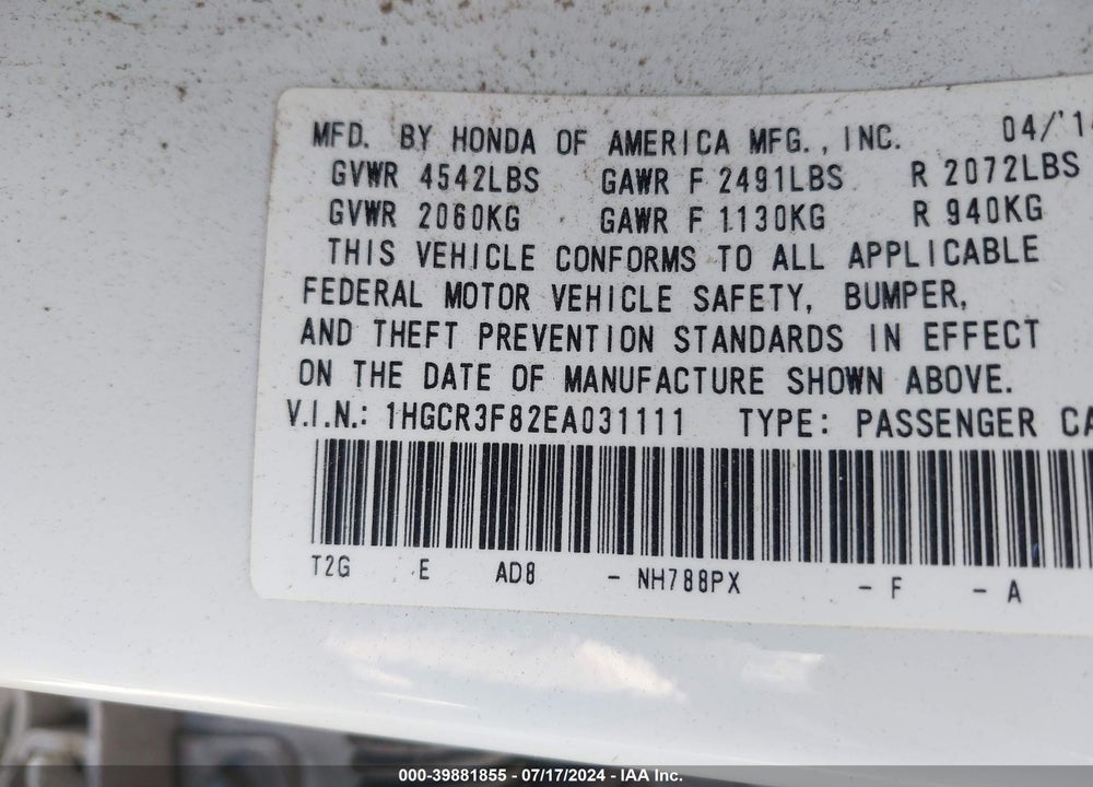 2014 HONDA ACCORD EX-L V-6 VIN: 1HGCR3F82EA031111