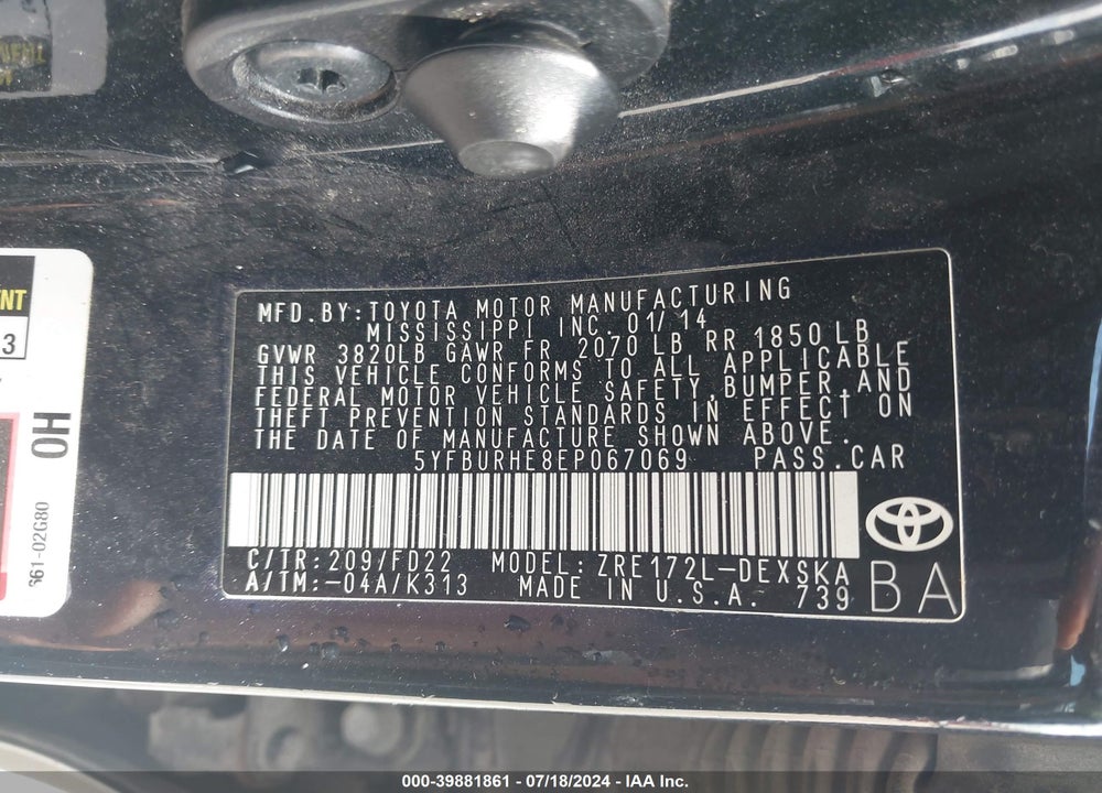 2014 TOYOTA COROLLA S PLUS VIN: 5YFBURHE8EP067069