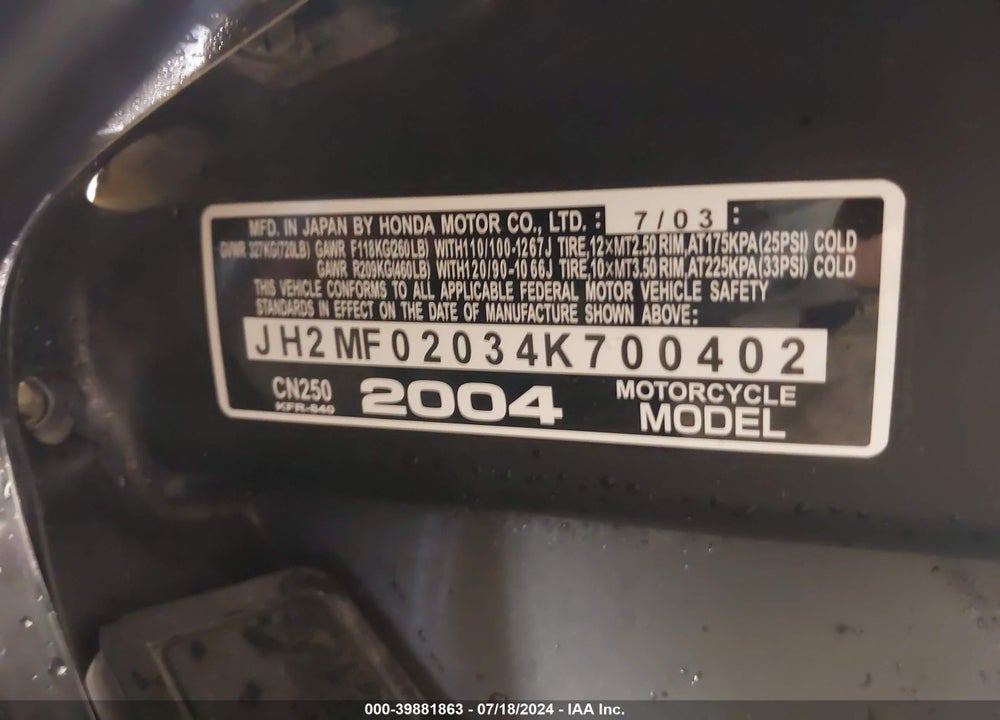 2004 HONDA CN250 VIN: JH2MF02034K700402