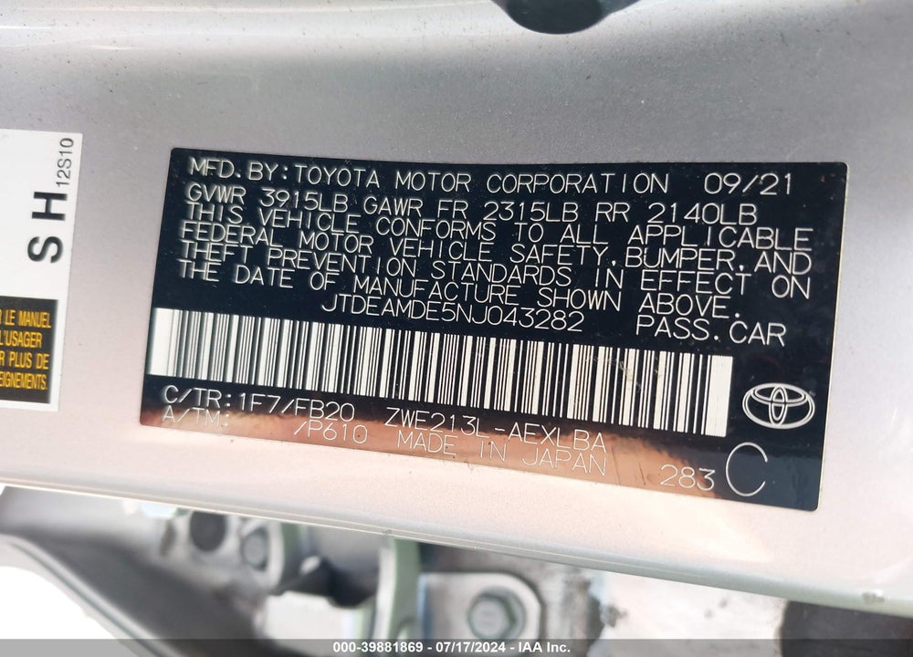 2022 TOYOTA COROLLA VIN: JTDEAMDE5NJ043282