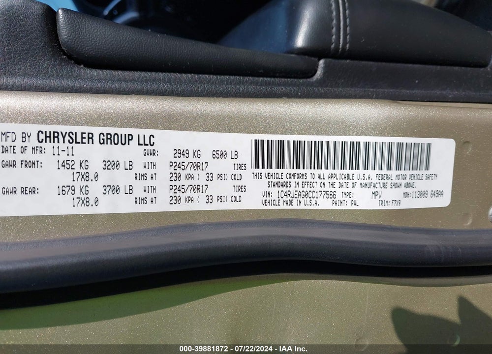 2012 JEEP GRAND CHEROKEE LAREDO VIN: 1C4RJEAG0CC177566